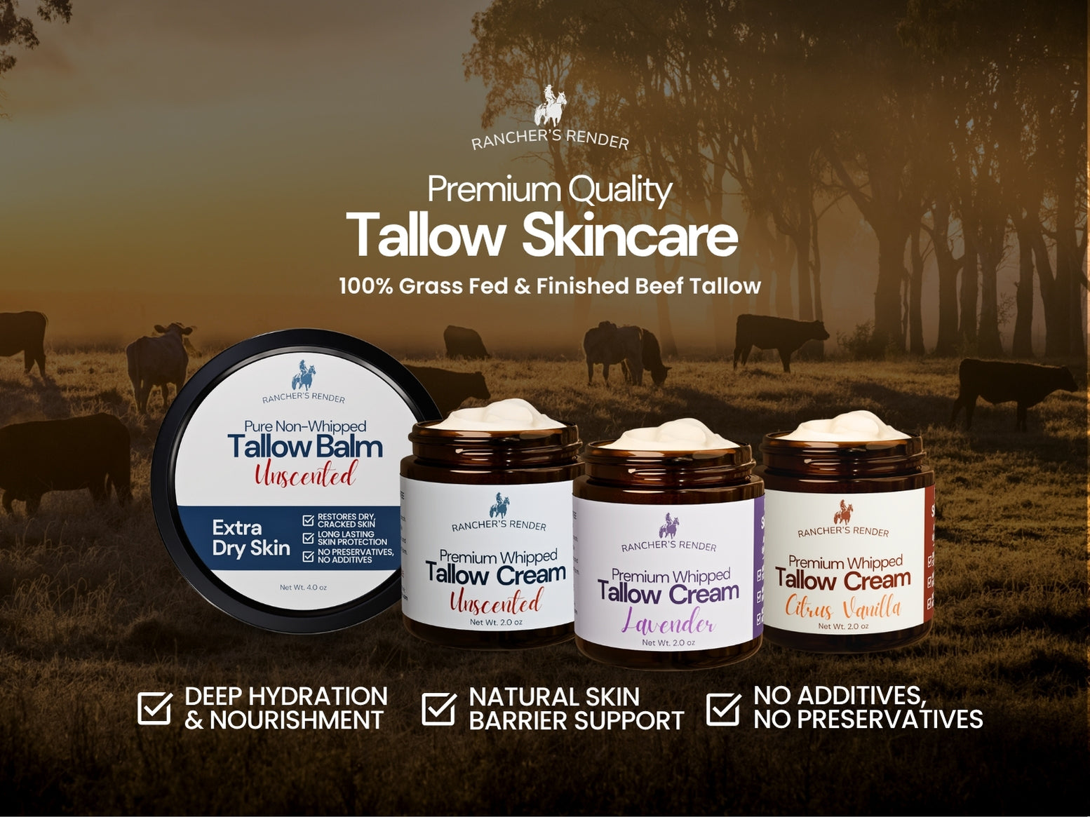 Rancher's Render Tallow Creams and Tallow Balm product line-up on plain background