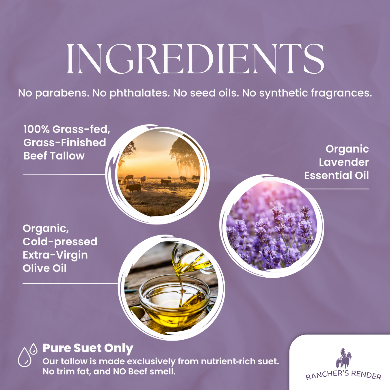 Ingredients in Rancher's Render Lavender Whipped Tallow Cream: grass-fed beef tallow, organic olive oil, and organic lavender essential oil. No parabens, seed oils, or synthetic fragrances.