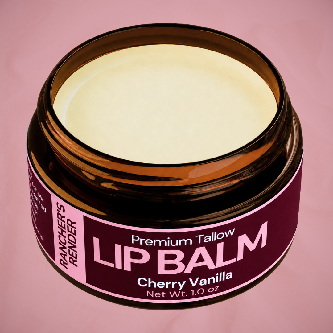 Jar of cherry vanilla lip balm with a pink label on a pink background