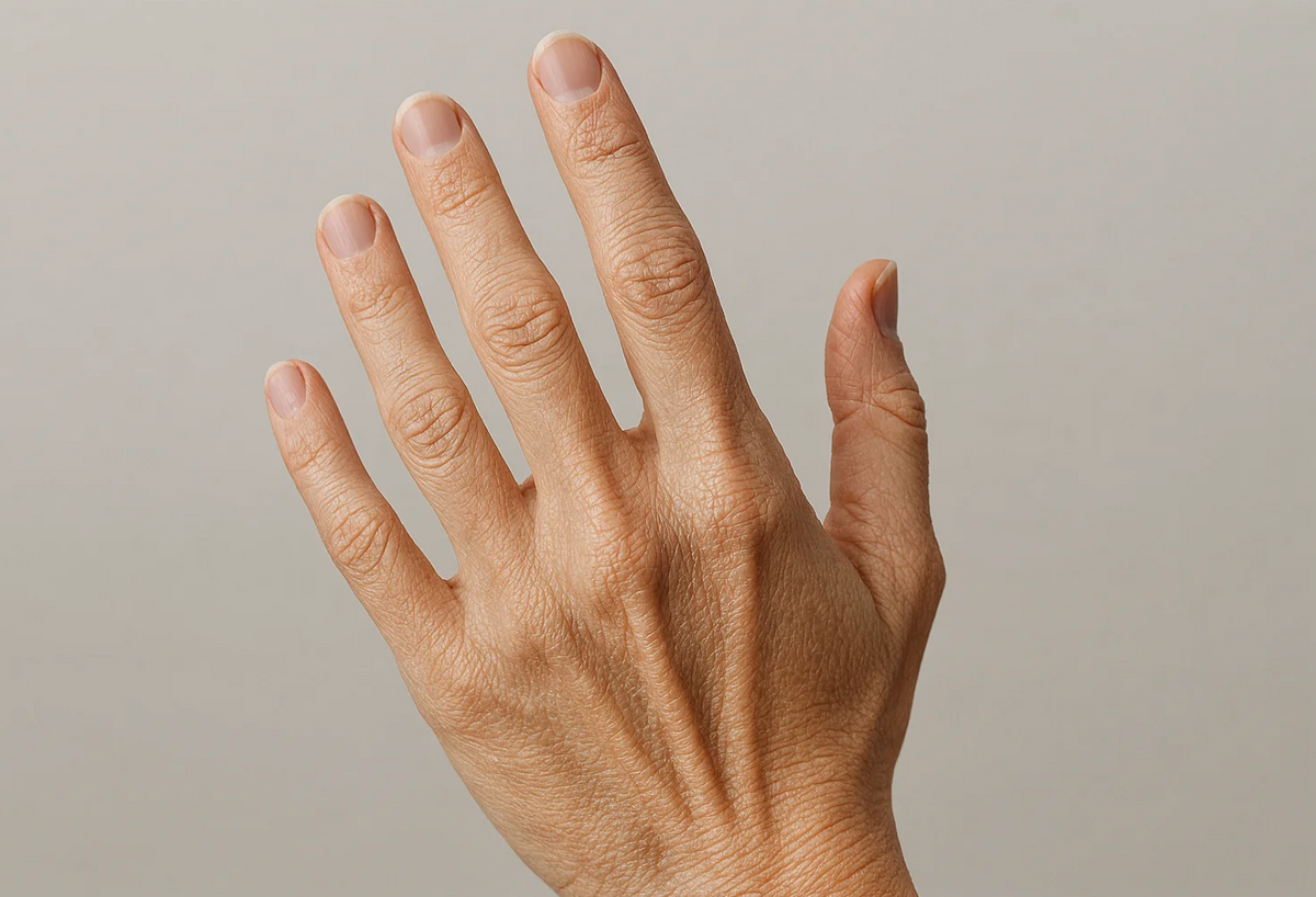 Hand showing clear signs of dry skin raised against a plain background