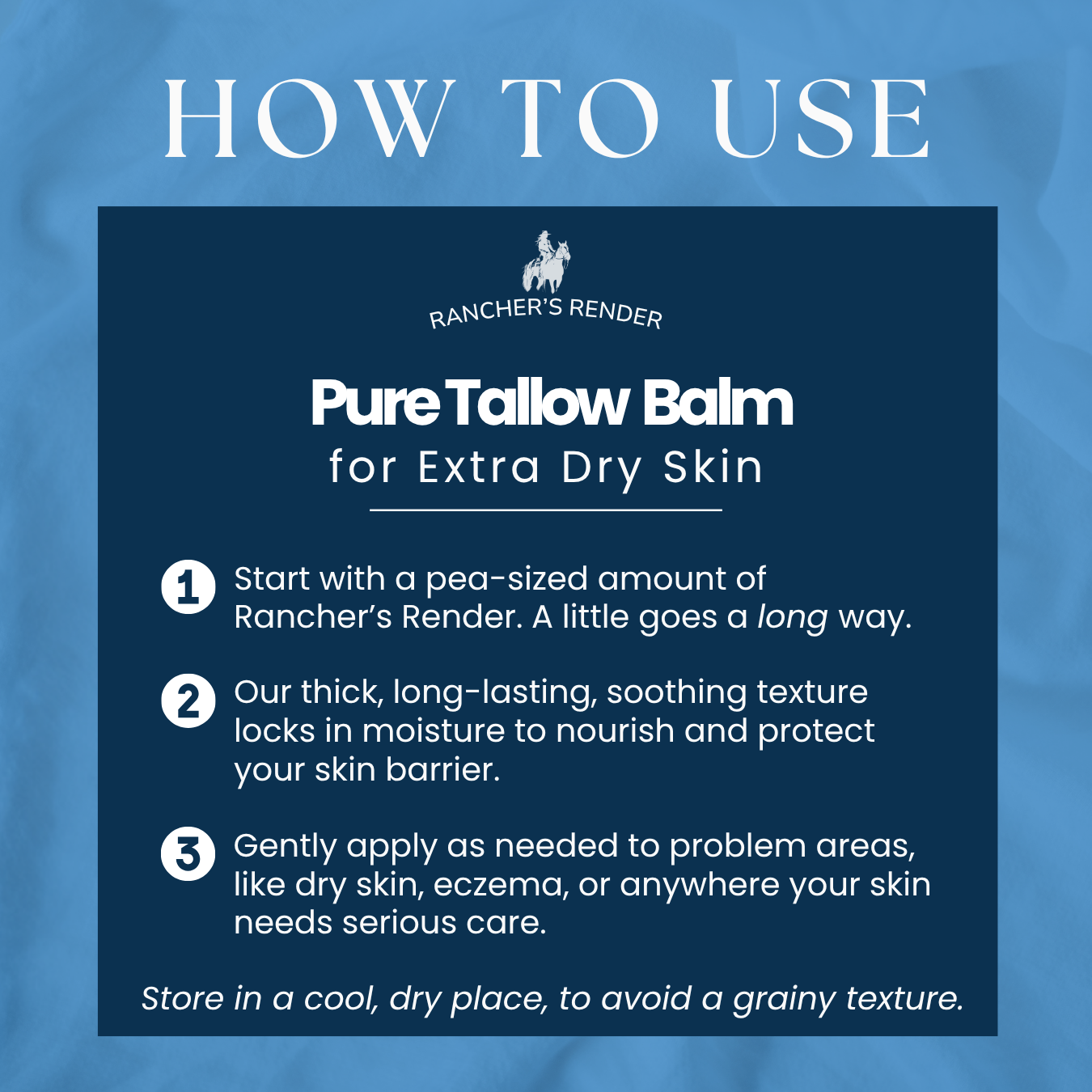 Step-by-step guide to using Pure Tallow Balm for extra dry skin, showing application tips for moisturizing and barrier support