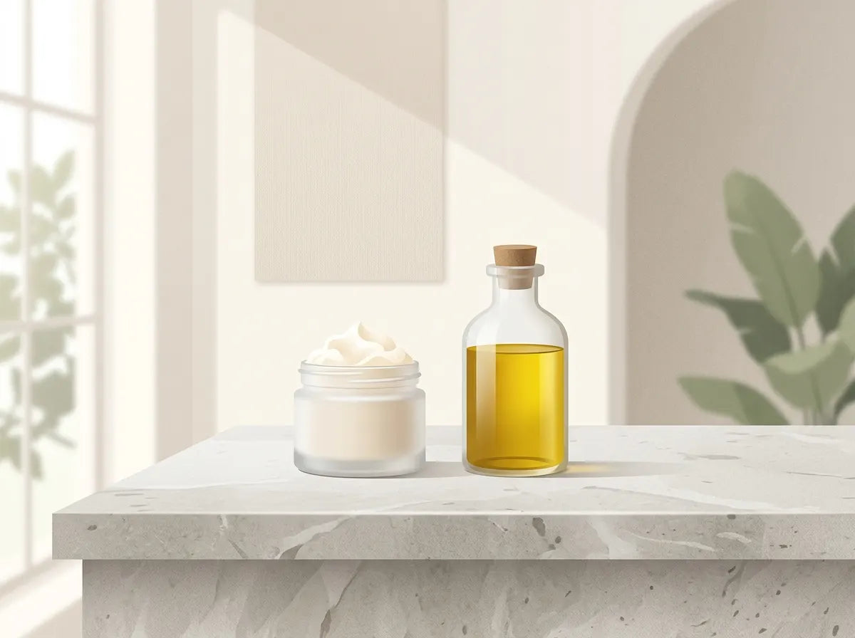 An open jar of whipped cream beside a bottle of olive oil on a marble surface