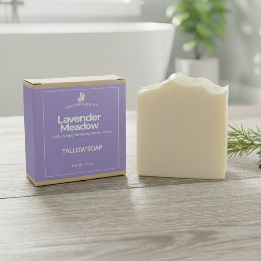 Cold process tallow soap bar lavender scented sitting on farmhouse vanity