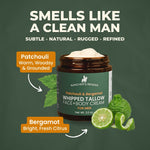 Rancher's Render whipped tallow face and body cream with patchouli and bergamot scents on a green background
