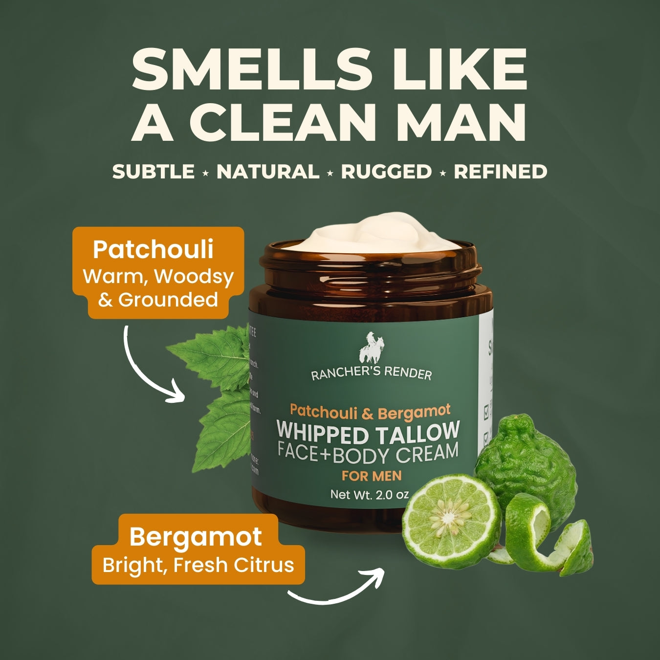 Rancher's Render whipped tallow face and body cream with patchouli and bergamot scents on a green background
