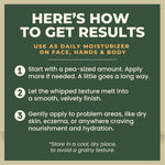 Instructions for using a daily moisturizer on face, hands, and body with a green background.
