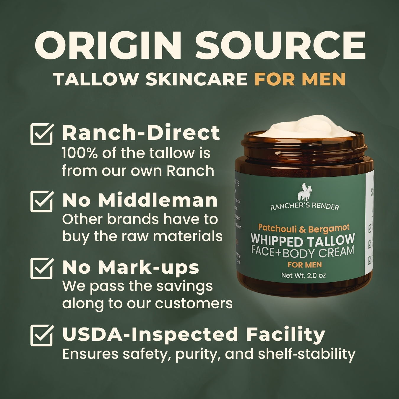 Tallow skincare product for men with branding and product details on a green background