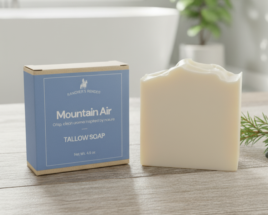 Cold Process Tallow Soap bar on farmhouse bathroom sink