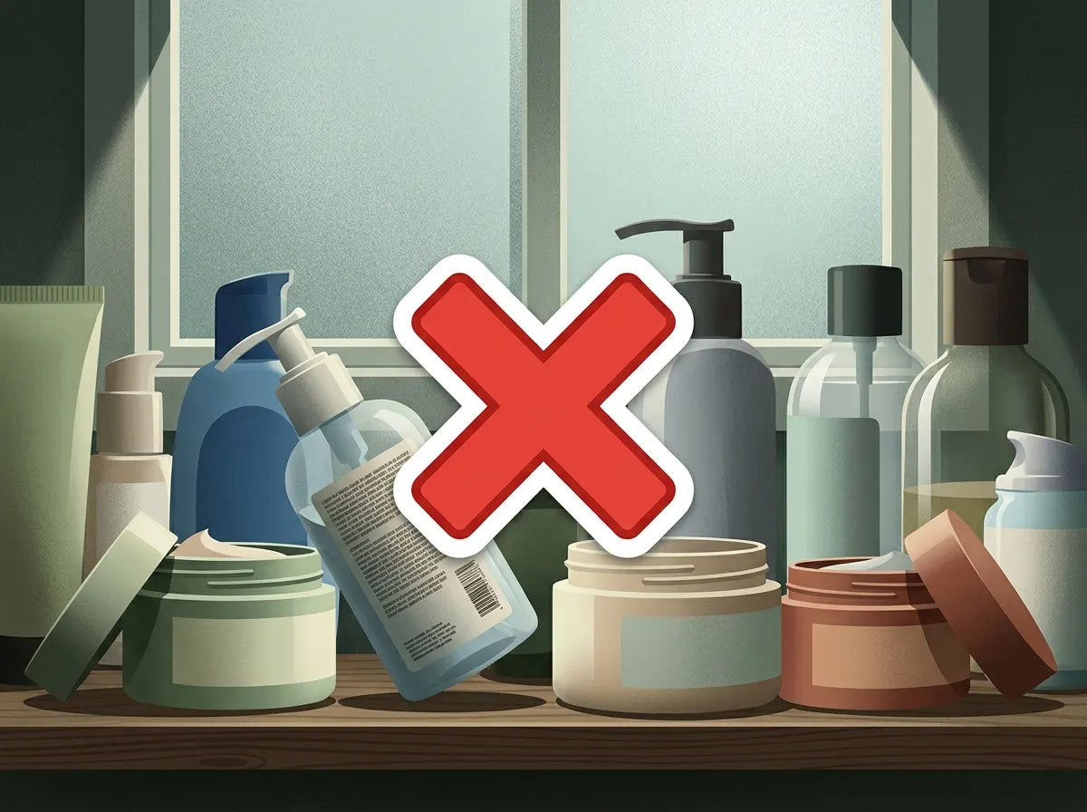 A crowded bathroom shelf of conventional skincare bottles marked with a red X