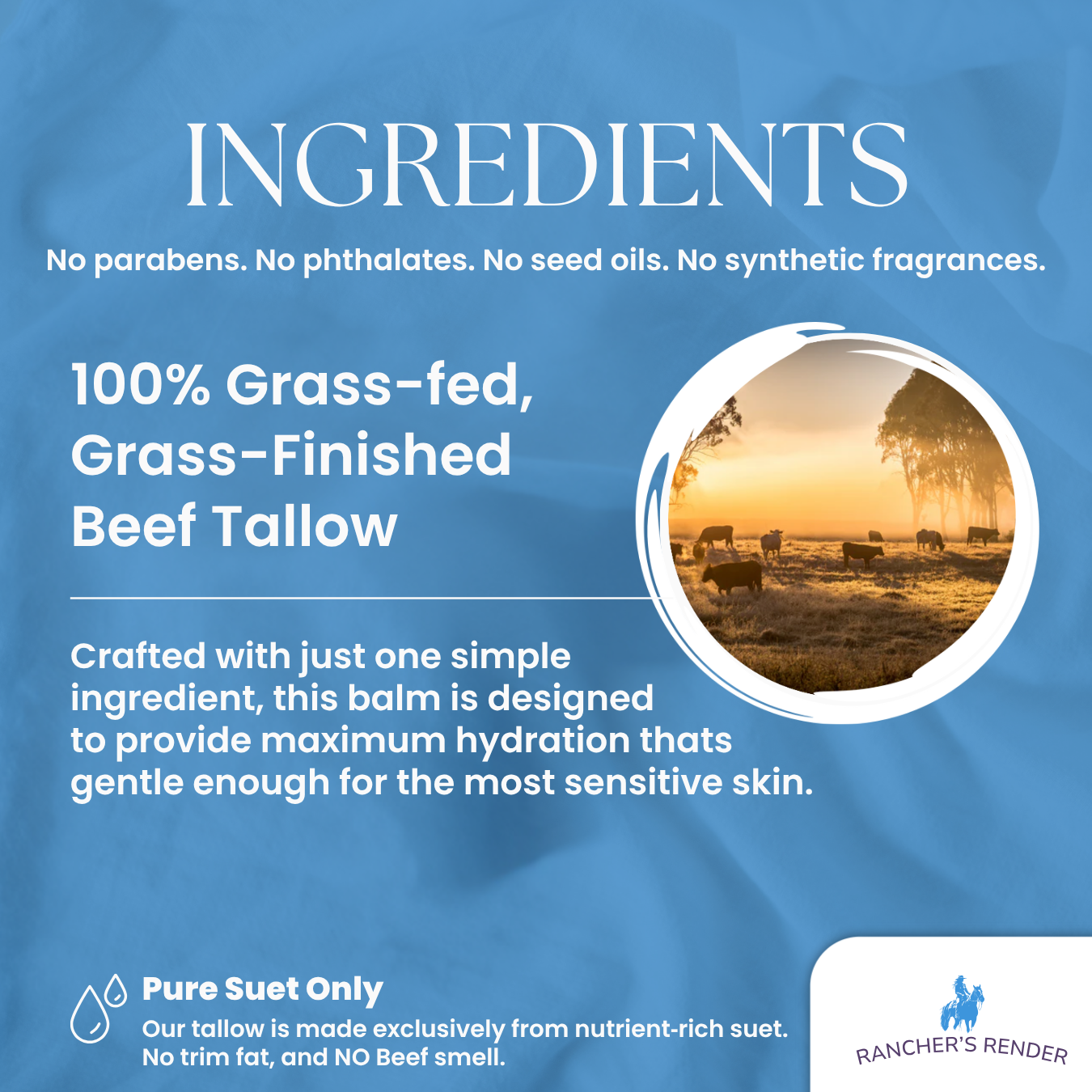 Graphic highlighting ingredients of Pure Tallow Balm made from 100% grass-fed, grass-finished suet with no additives or synthetic fragrances