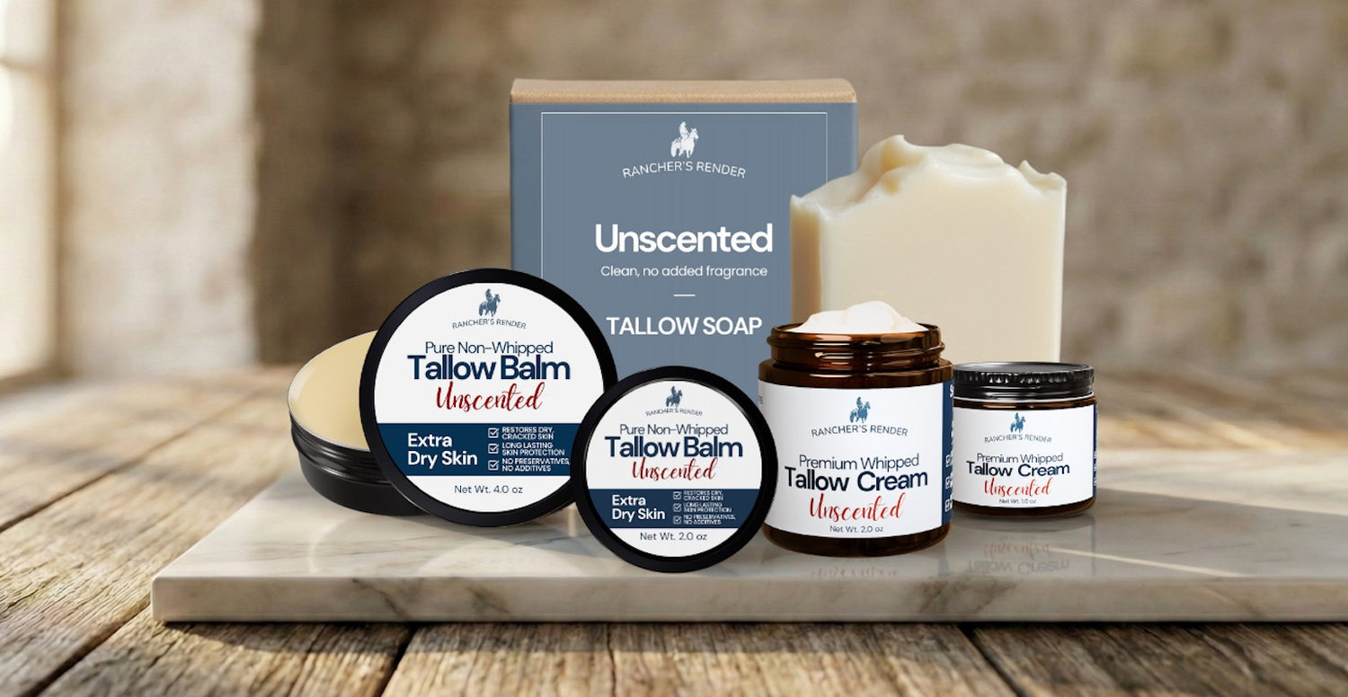 Unscented Tallow Soap, Whipped Tallow and Pure Balm displayed in rustic farm house countertop