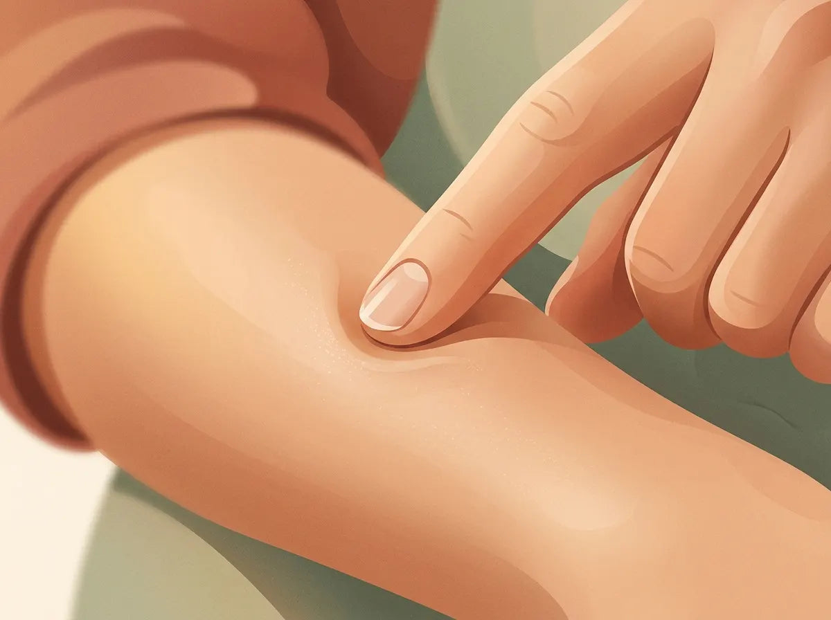Two hands smoothing a small amount of cream across the back of a hand by a window