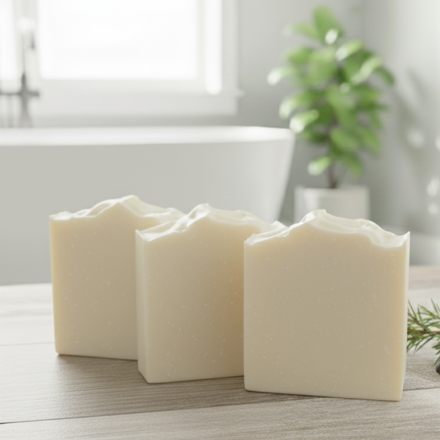 Three Tallow Soap Bars sitting in farmhouse bathroom