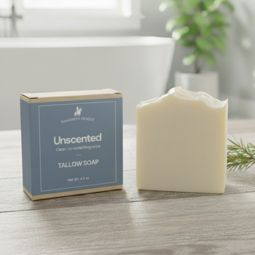 Cold Process Tallow Soap Bar and box on vanity