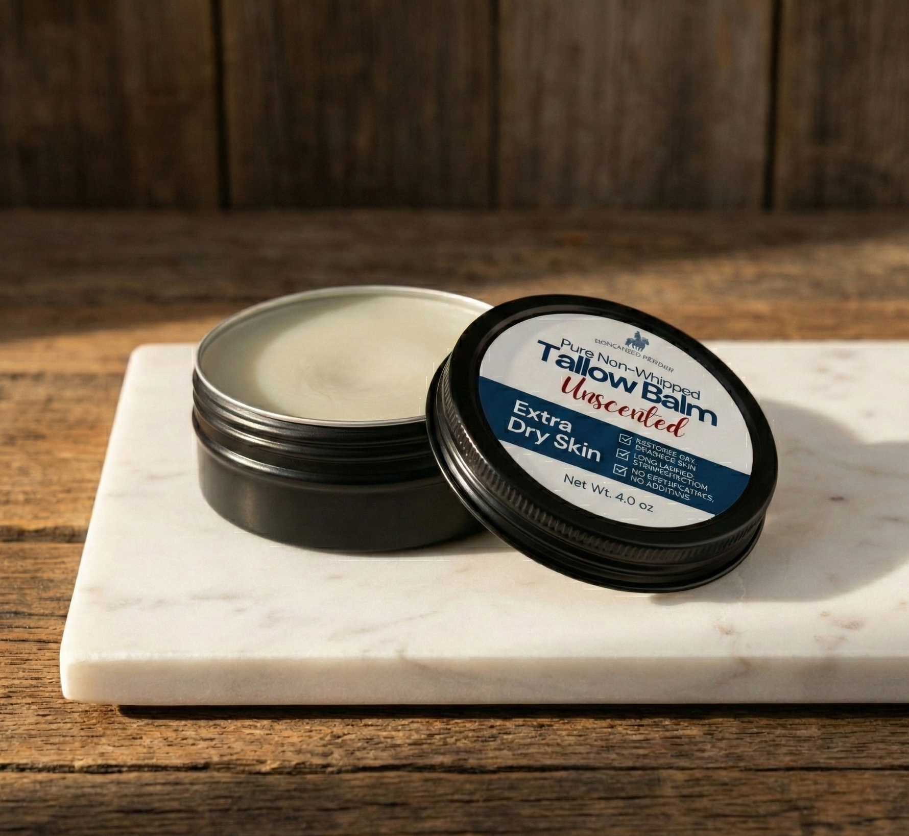 PURE TALLOW BALM ON FARMHOUSE COUNTERTOP 