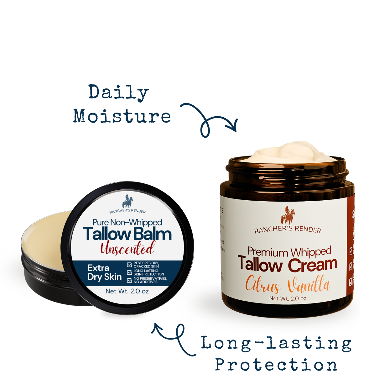 Two containers of tallow balm and cream with labels on a white background