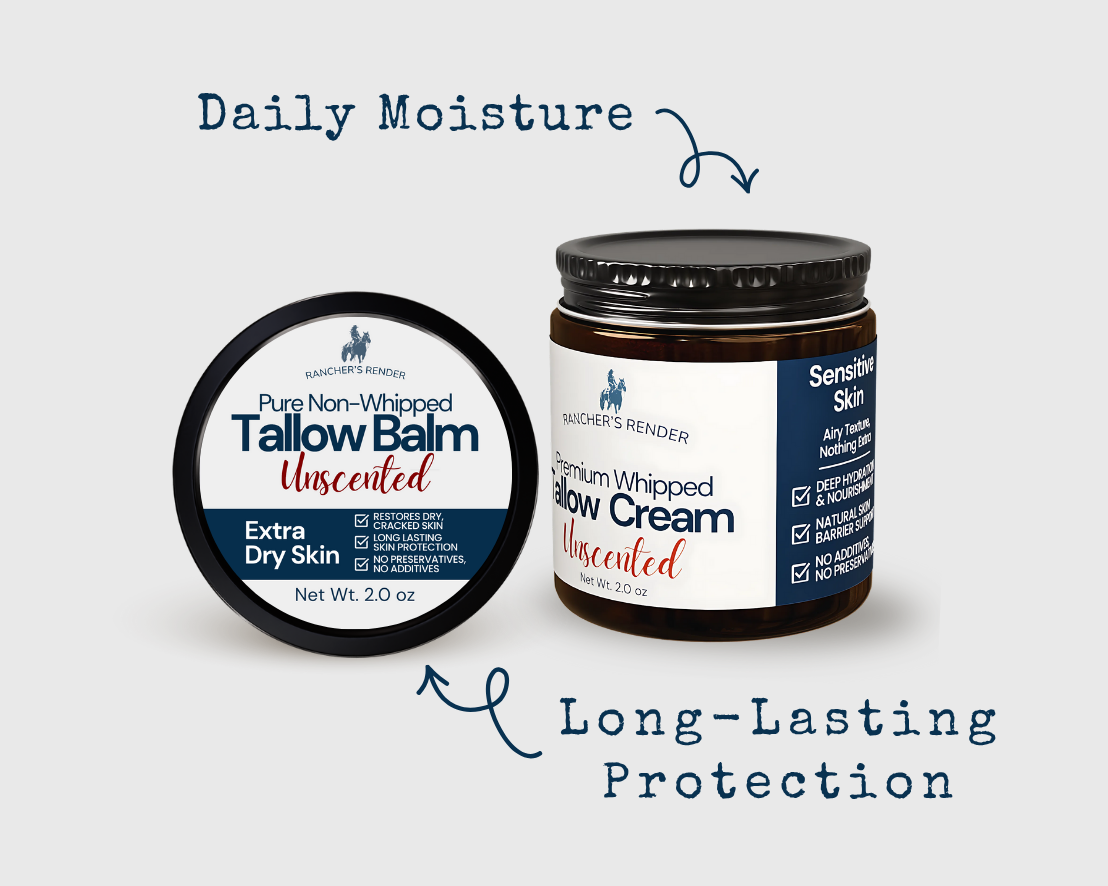 Two jars of tallow balm with labels on a light gray background