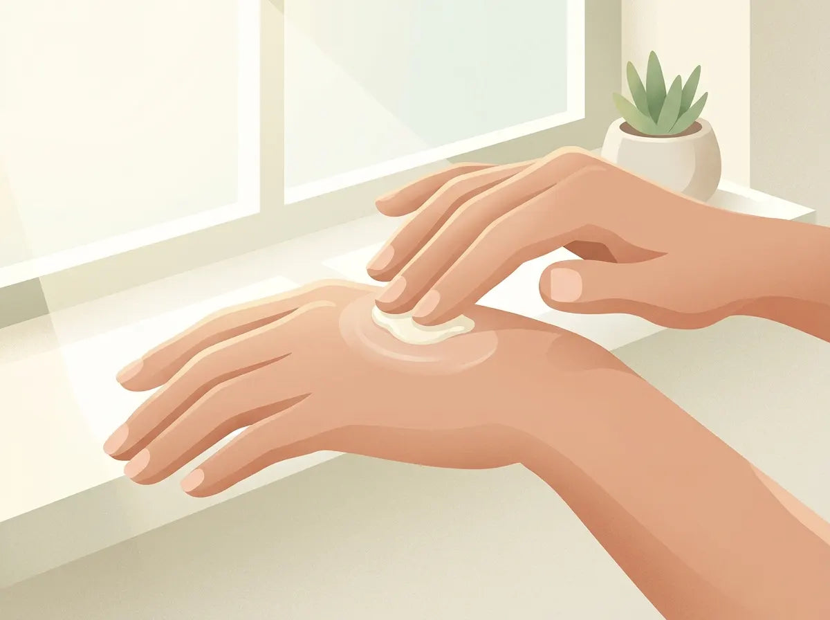 A fingertip pressing gently into the soft skin of a forearm