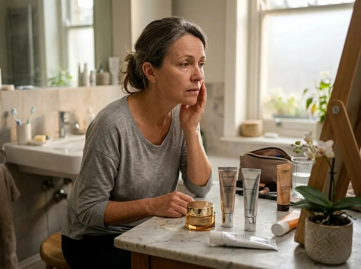 A woman at a bathroom counter in soft morning light, touching her cheek